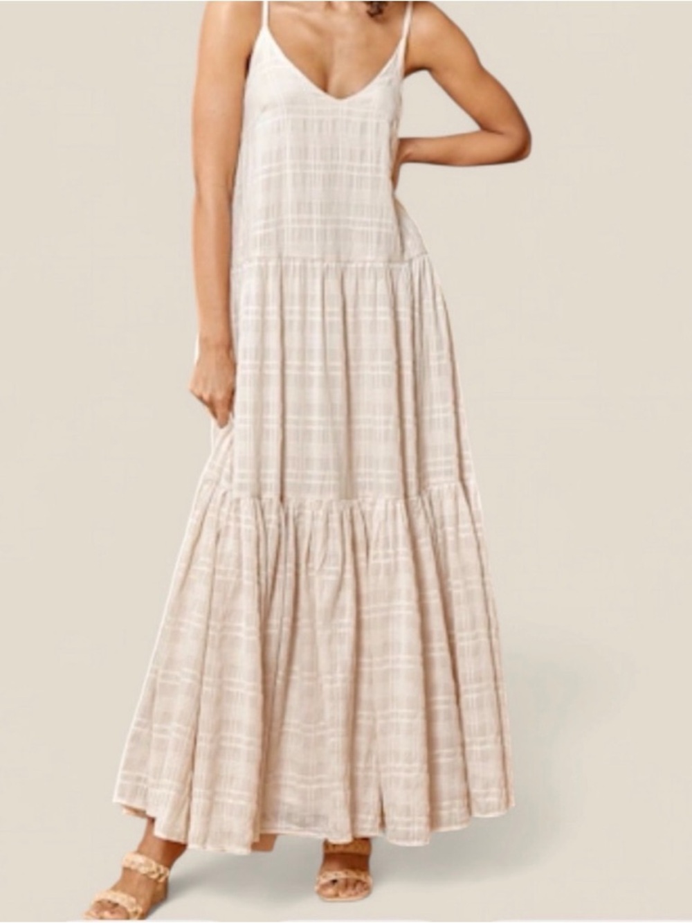 Lulu's Striped Lightweight Tiered Maxi Dress in Light Beige